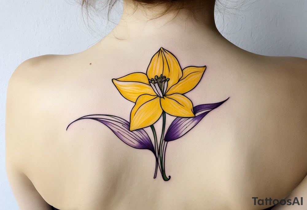 “A minimalist tattoo design: Two daffodil flowers drawn with yellow lines. On top of the flowers, there is a minimalist dragonfly, smaller in size than the flowers, drawn with purple lines. The stems of the daffodils extend downward and are designed to form the word ‘muadil’ in cursive handwriting, so that the stems and the writing appear as a unified whole.” tattoo idea
