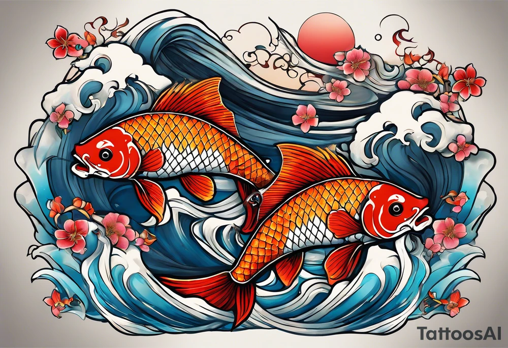 Japanese with karp koi in fond, demon and samouraï first plan with nuage 
Put à samouraï in fiesta plan tattoo idea