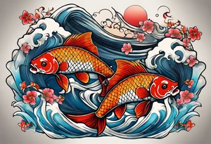 Japanese with karp koi in fond, demon and samouraï first plan with nuage 
Put à samouraï in fiesta plan tattoo idea