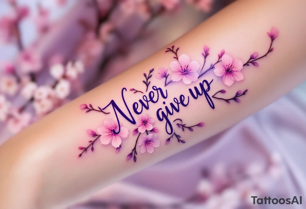 "Never give up" in delicate cursive inked in soft lavender, surrounded by blooming cherry blossoms. tattoo idea