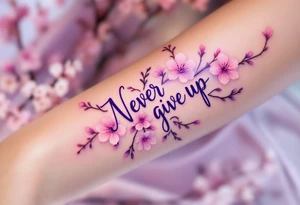 "Never give up" in delicate cursive inked in soft lavender, surrounded by blooming cherry blossoms. tattoo idea