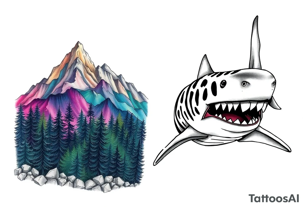 forest mountains in color and tiger shark in black and white tattoo idea