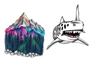 forest mountains in color and tiger shark in black and white tattoo idea