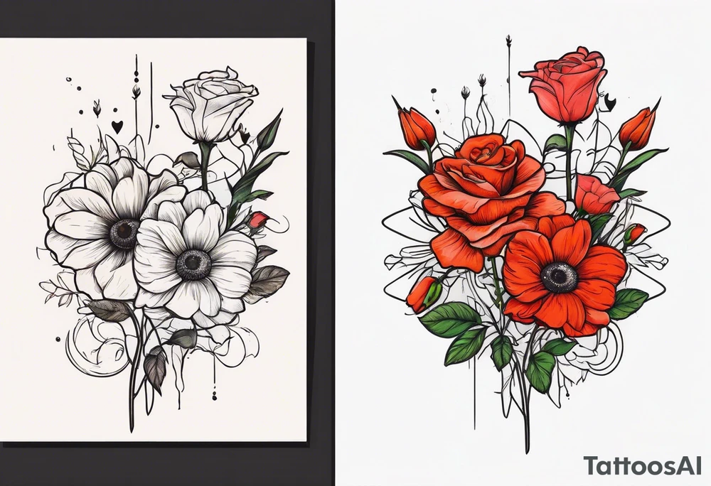 A vintage vertical design of a daisy and a rose with gladiolus flowers and poppies weaving through the daisy and rose tattoo idea