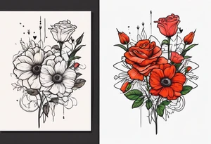 A vintage vertical design of a daisy and a rose with gladiolus flowers and poppies weaving through the daisy and rose tattoo idea