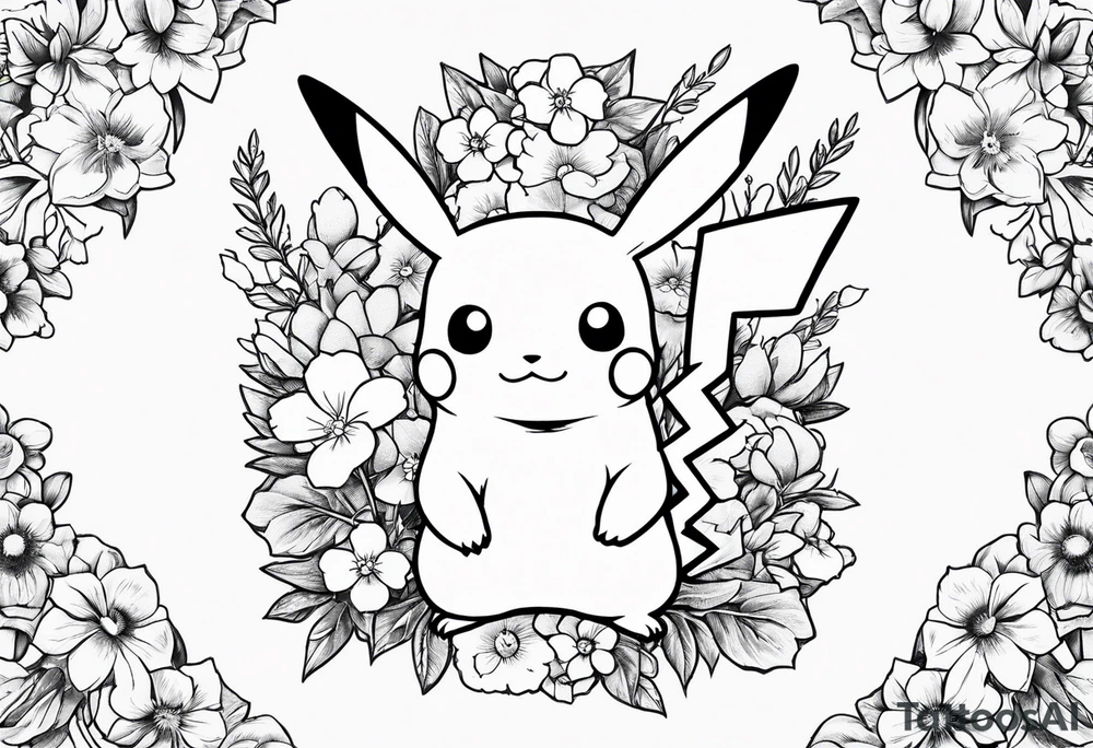 Pikachu Holding bouquet of forget me nots tattoo idea