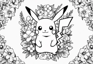 Pikachu Holding bouquet of forget me nots tattoo idea