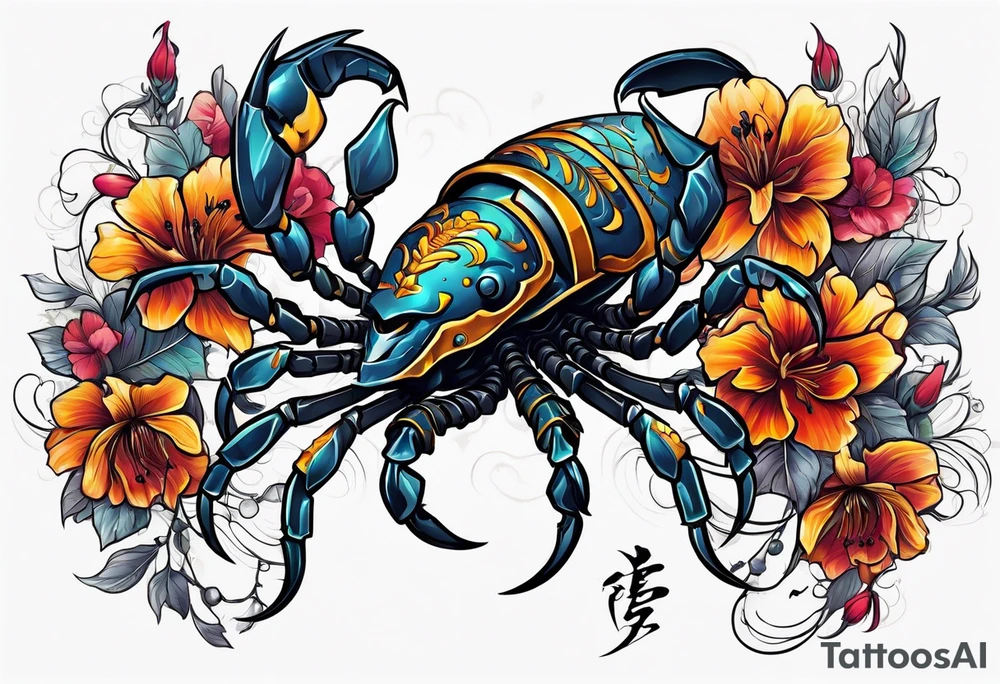 futuristic scorpion animation with flowers bloody tattoo idea