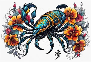 futuristic scorpion animation with flowers bloody tattoo idea