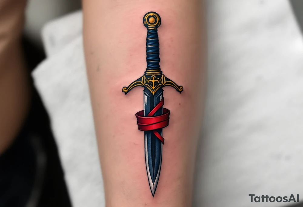 Traditional Sailor Dagger – A classic dagger design with a red ribbon wrapped around the hilt, the blade in bold black ink with hints of navy blue for shading. The handle is adorned with a golden anchor motif. tattoo idea