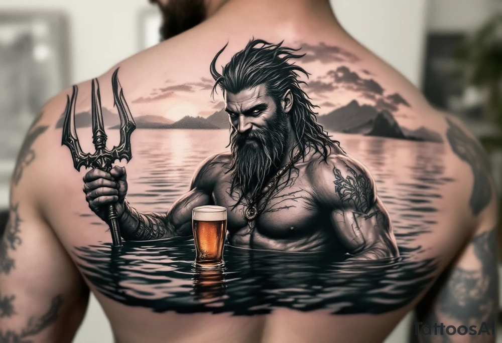 young, smiling, fit poseidon in calm water, holding a trident, drinking a beer, with sunset tattoo idea