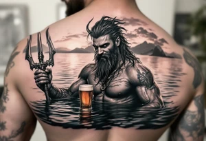 young, smiling, fit poseidon in calm water, holding a trident, drinking a beer, with sunset tattoo idea