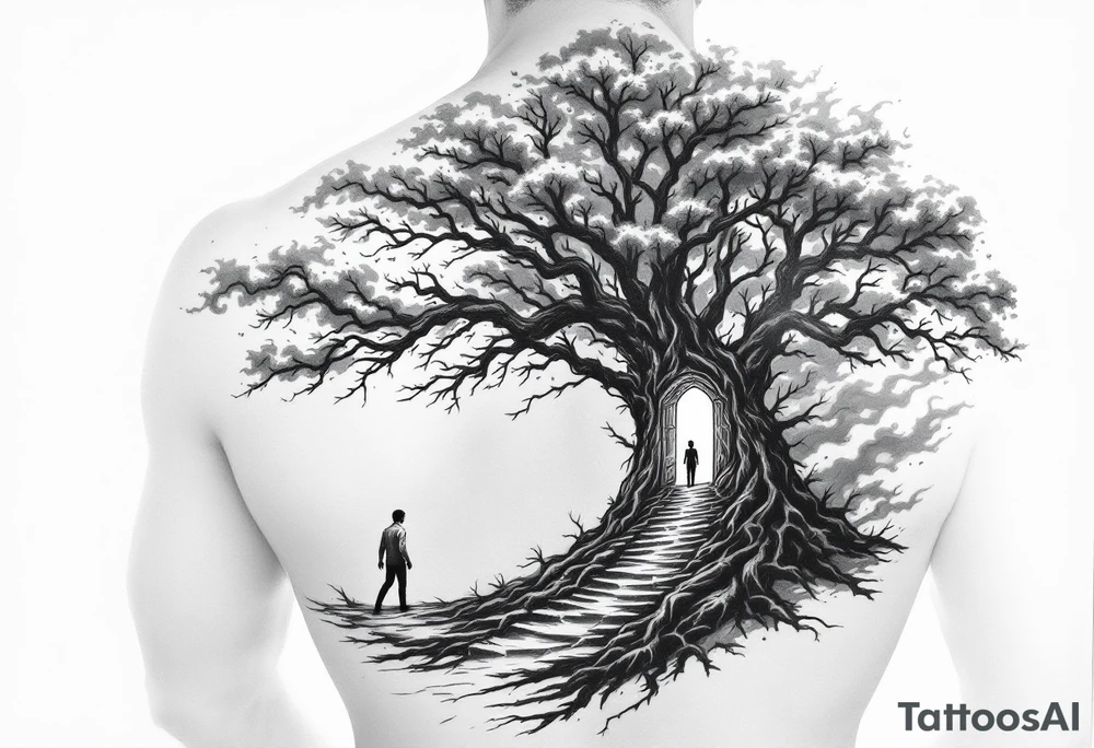 Back tattoo of a big tree with a door and a man walking through the door. On the left draw some fire clouds connecting to the tree, make it a lot tattoo idea