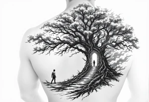 Back tattoo of a big tree with a door and a man walking through the door. On the left draw some fire clouds connecting to the tree, make it a lot tattoo idea