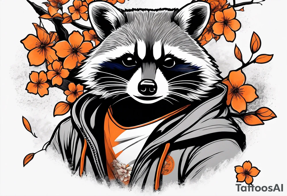 raccoon wearing a black and white Superman hoodie and orange Japanese cherry blossoms tattoo idea