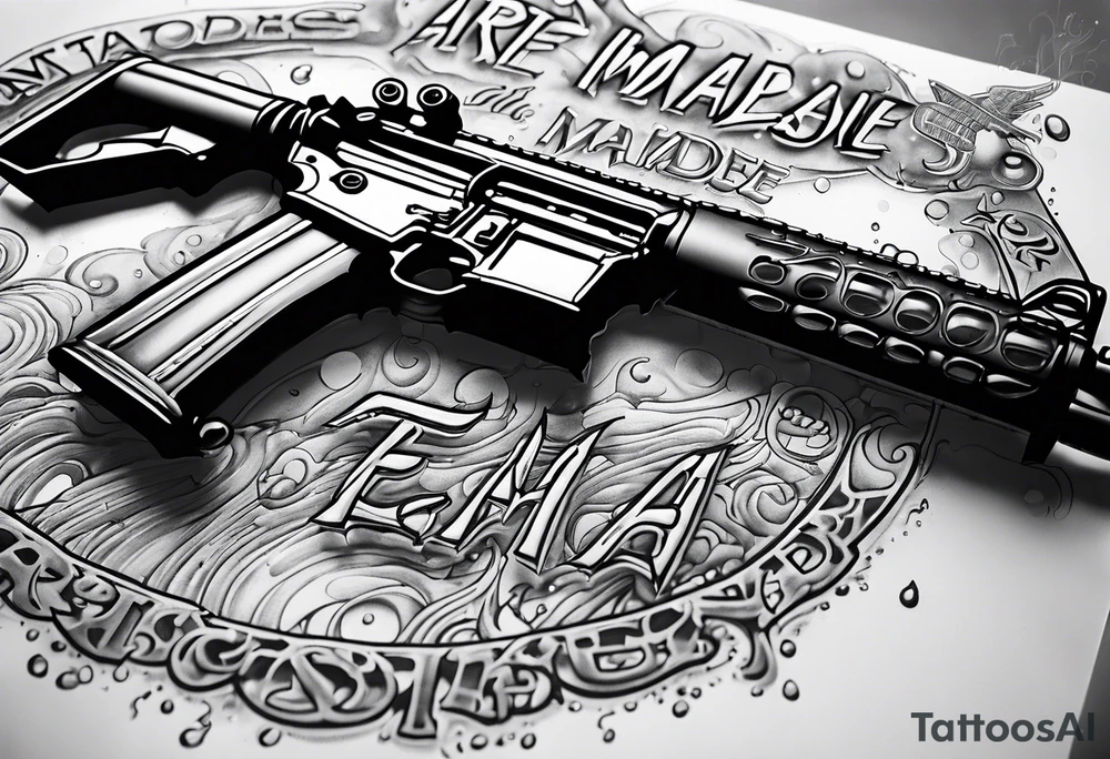 AR15 dripping syrup and the words Texas Made in bubble letters on top of the AR tattoo idea