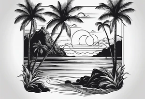 small fine line beach landscape on upper arm with palm trees tattoo idea