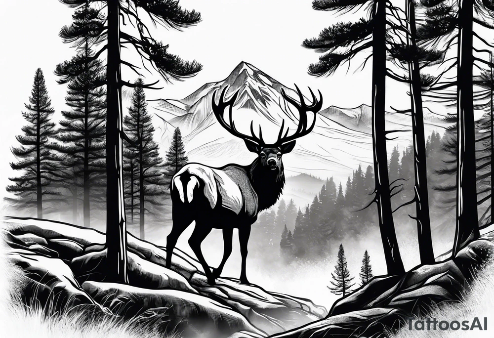 sleeve pine tree moutain elk tattoo idea