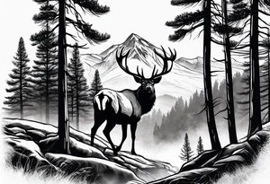 sleeve pine tree moutain elk tattoo idea