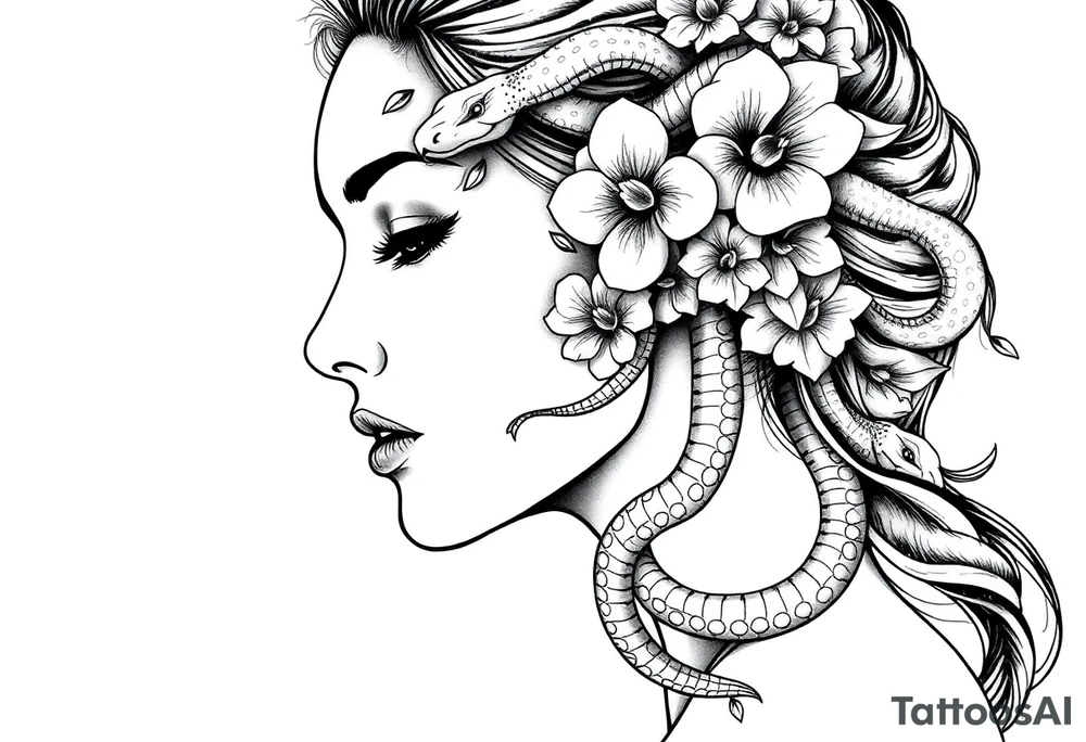 Powerful side profile woman’s face with flowers
And snakes heads tattoo idea