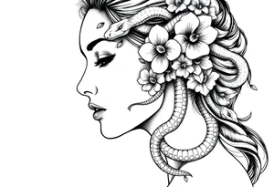 Powerful side profile woman’s face with flowers
And snakes heads tattoo idea