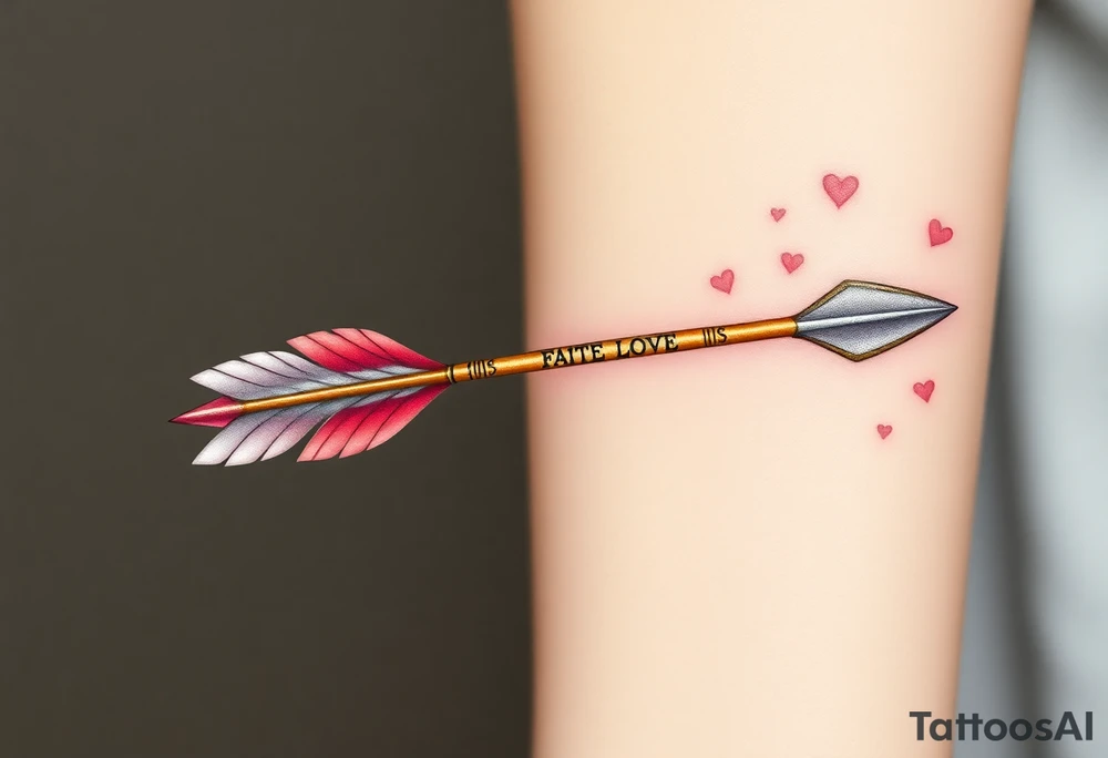 A sleek golden arrow with an intricately carved runic inscription along the shaft, symbolizing a fated love. The arrow’s feathered fletching is detailed with soft pink and red hues, while the arrowhead glows with a subtle silver light, representing destiny. Surrounding the arrow are tiny floating hearts and sparkles, creating a mystical aura of passion and devotion. The design gives the impression of the arrow mid-flight, striking straight into the heart of love. tattoo idea