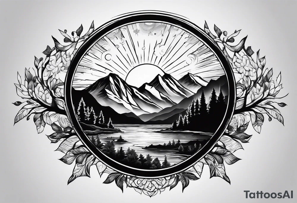 mountains and large trees and large sun tattoo idea