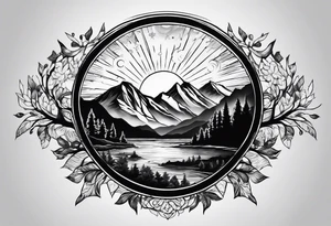 mountains and large trees and large sun tattoo idea
