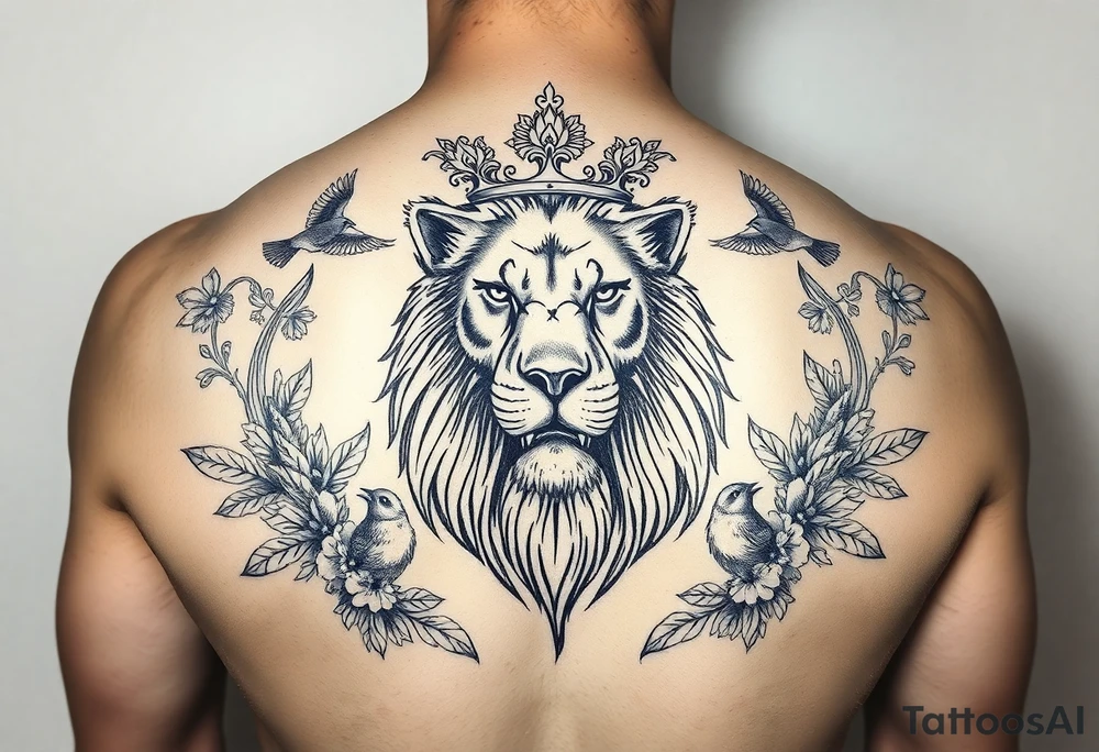 powerful majestic lion with a crown, surrounded by floral ornaments and birds tattoo idea