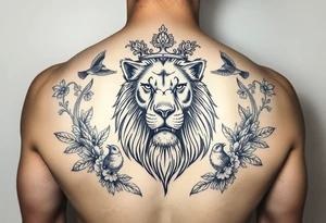 powerful majestic lion with a crown, surrounded by floral ornaments and birds tattoo idea