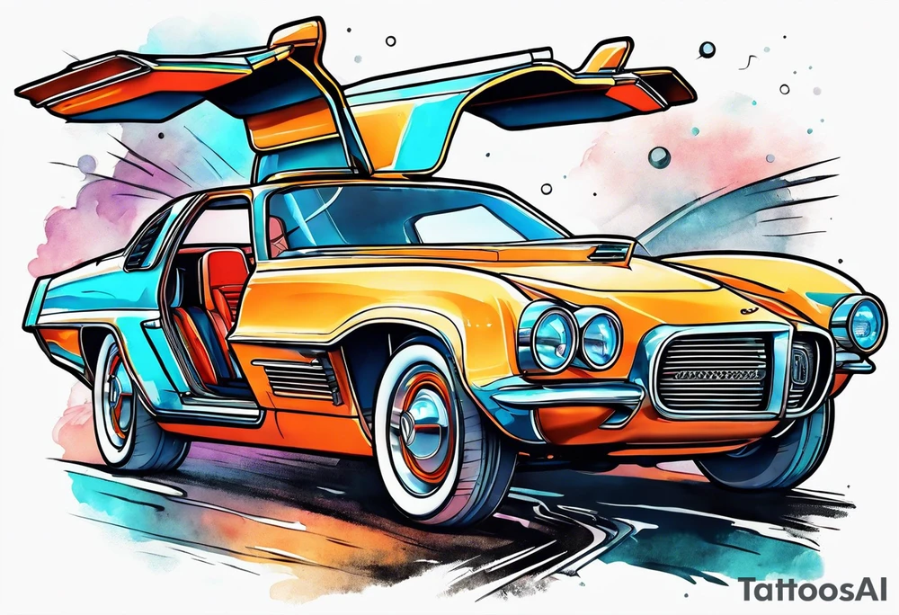 retro futuristic time machine flying car tattoo idea