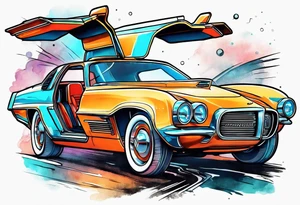 retro futuristic time machine flying car tattoo idea