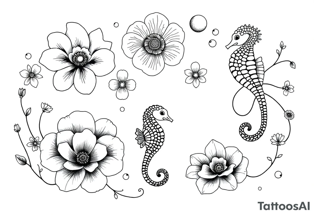 Underwater Flowers, shells, turtle, seahorse,  bubbles, jellyfish, feminine tattoo idea