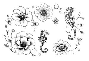 Underwater Flowers, shells, turtle, seahorse,  bubbles, jellyfish, feminine tattoo idea