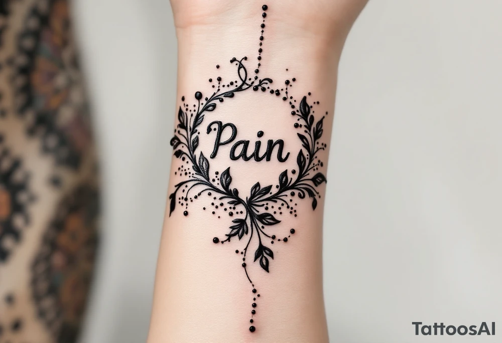 Indian style Henna tattoo for the inner wrist include the word pain in small font tattoo idea