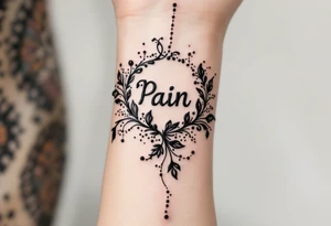 Indian style Henna tattoo for the inner wrist include the word pain in small font tattoo idea