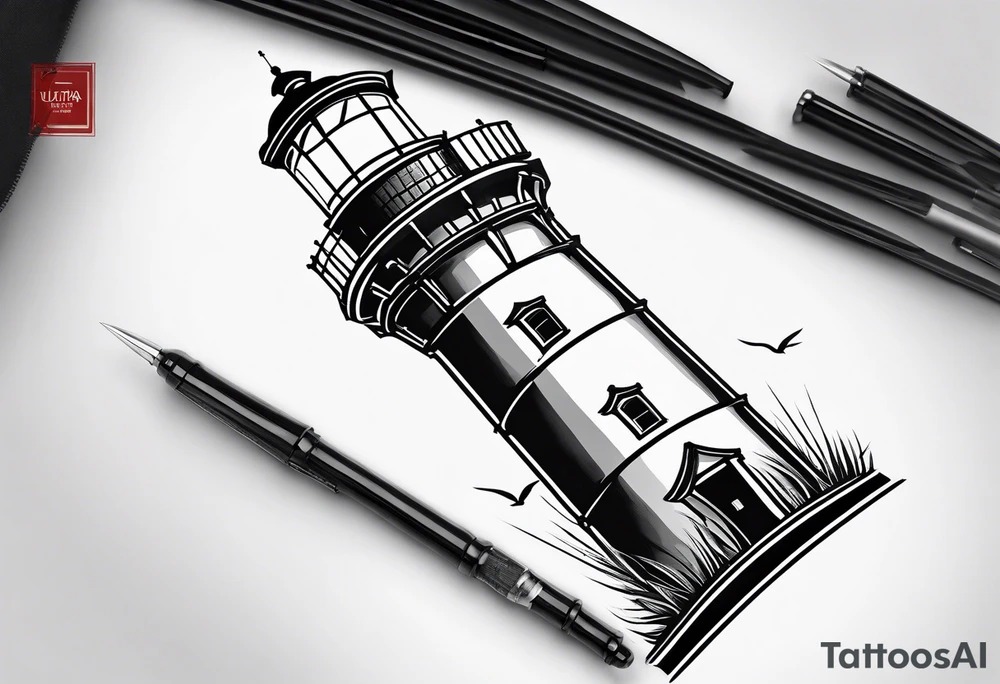 An open book with a lighthouse in the middle and a compass to wrap around forearm tattoo idea