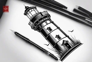 An open book with a lighthouse in the middle and a compass to wrap around forearm tattoo idea
