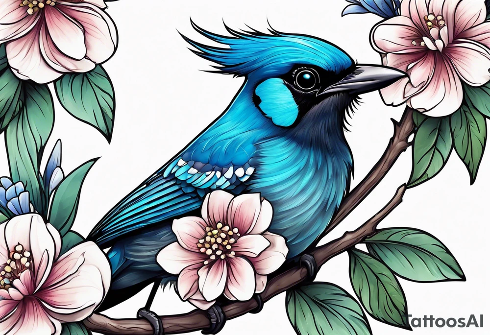 Steller’s Jay bird with flowers tattoo idea