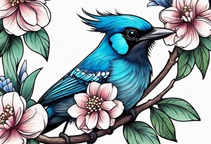 Steller’s Jay bird with flowers tattoo idea