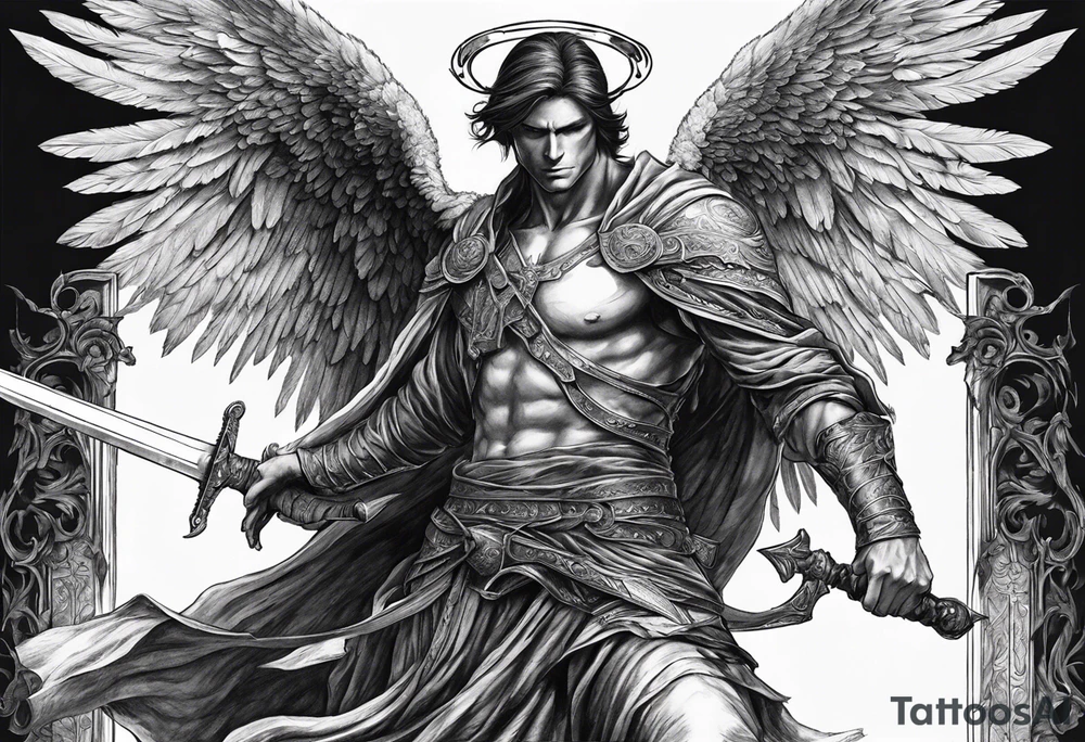 realistic angel of death, man, full body, no face visible, holding one sword, sword pointing downwards, both hands are holding the sword tattoo idea