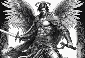 realistic angel of death, man, full body, no face visible, holding one sword, sword pointing downwards, both hands are holding the sword tattoo idea