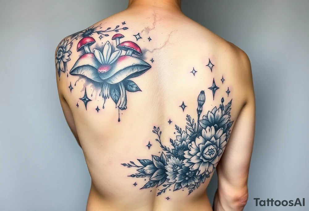 Could you possible make me a cool nature tattoo with mushrooms crystals  flowers mandala boho but colorful and psychedelic colorful too that would wrap from front of hip around side to mid back to cover an existing one I have incorporating the stars I have already and only covering some wrapping from front of hip around side to back tattoo idea