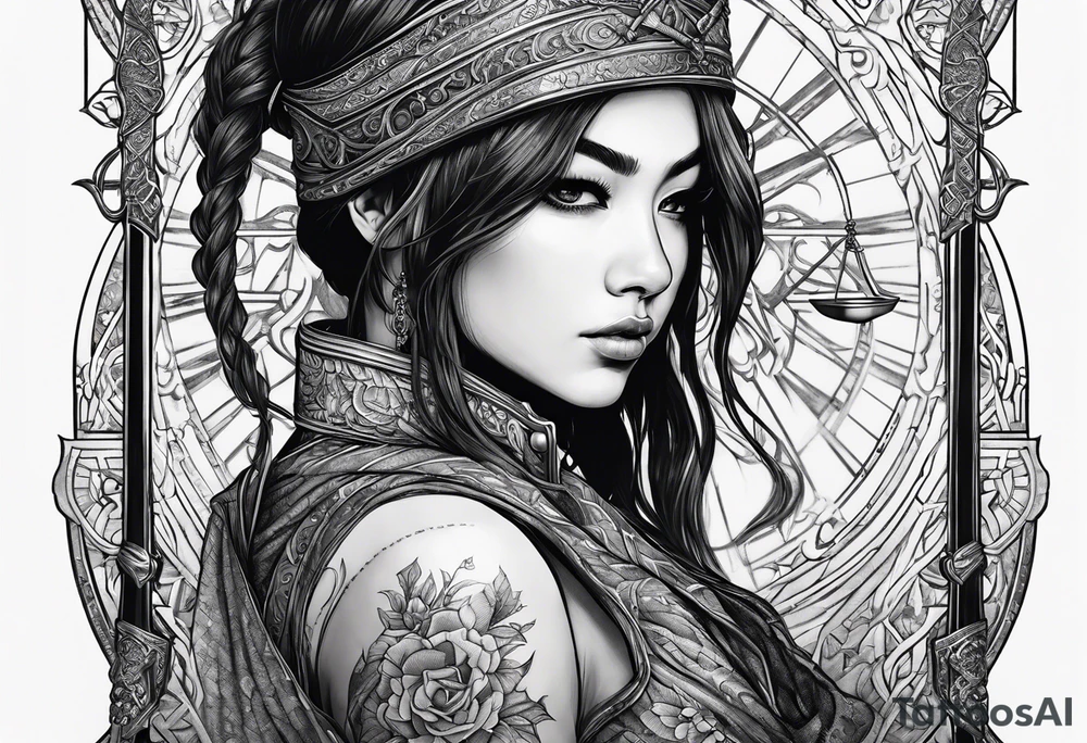 Bind Girl with cover on her eyes with a sword in her hand and in the other hand holds a scale tattoo idea