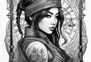 Bind Girl with cover on her eyes with a sword in her hand and in the other hand holds a scale tattoo idea