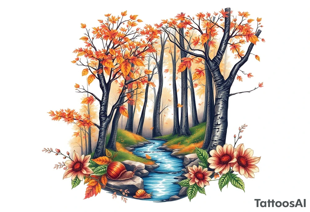 colorful fall themed womans sleeve forest, trees, falling leaves and rain, a small snail or two, a creek and some fall themed flowers as filler tattoo idea
