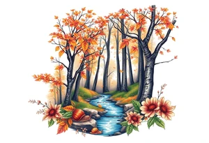 colorful fall themed womans sleeve forest, trees, falling leaves and rain, a small snail or two, a creek and some fall themed flowers as filler tattoo idea