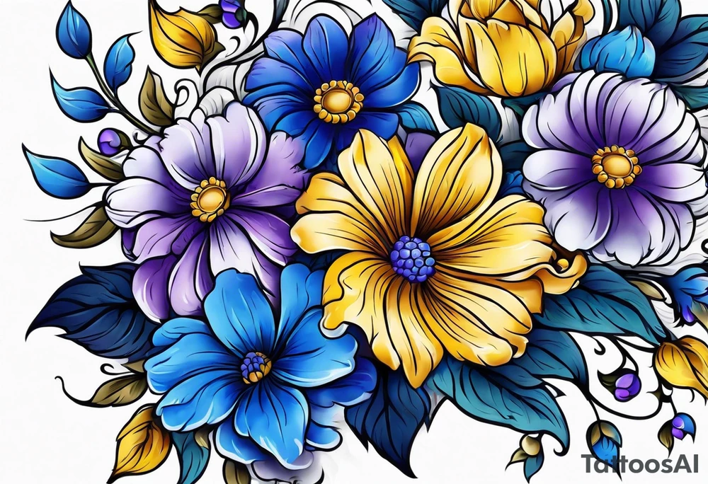 Blue yellow and purple flowers arm sleeve tattoo idea
