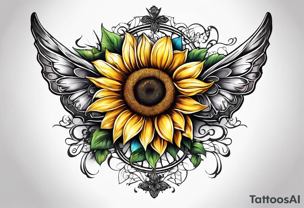 Winged cross with sunflower and butterflies tattoo idea