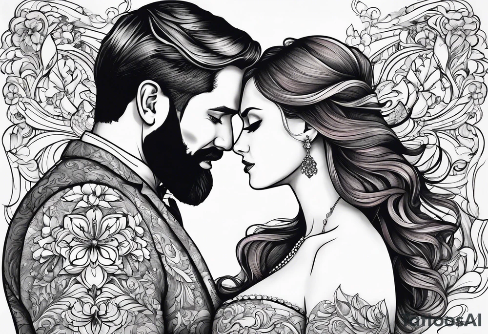Busty red haired woman with a bearded man who has black hair getting married tattoo idea